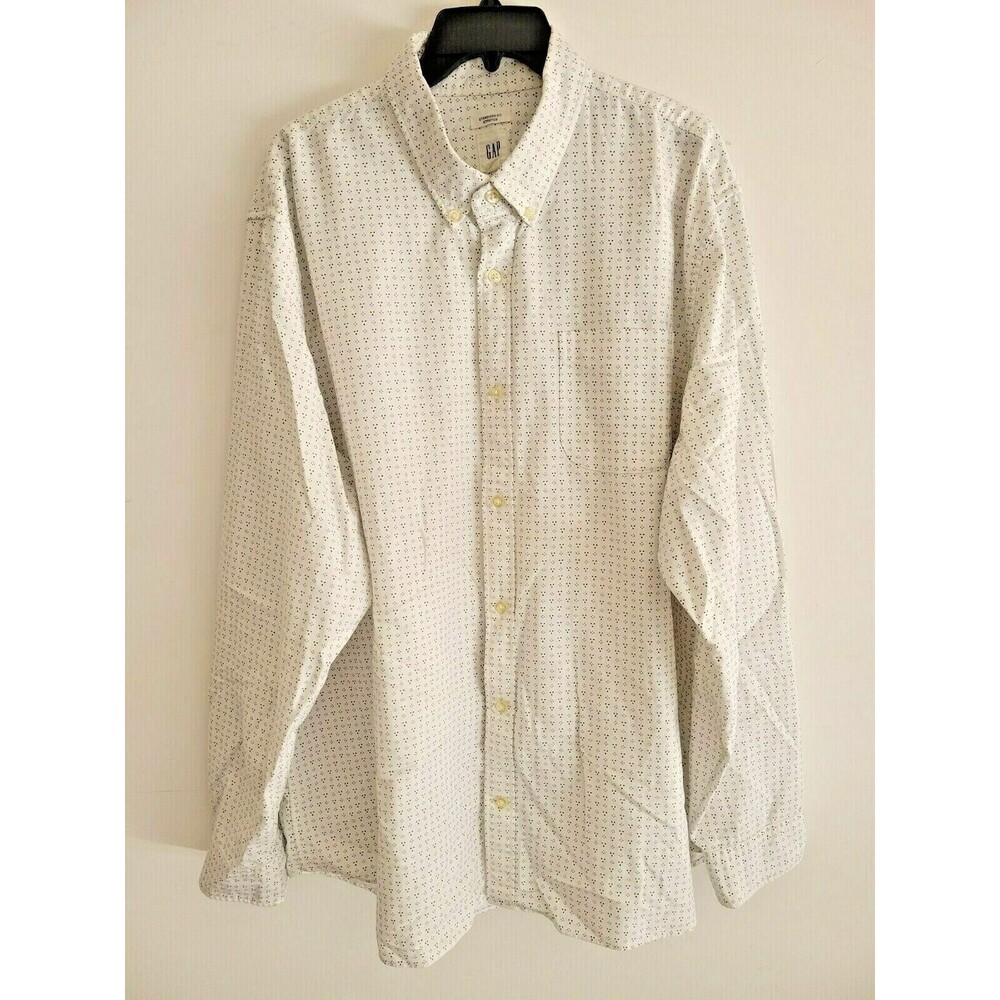 Gap Mens Long Sleeve Shirt Button Up White Blue Dot Standard Fit Stretch XXL